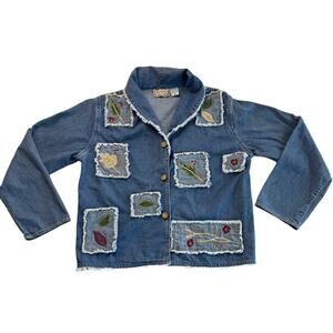 Y2K Boho Patchwork Denim Fall Jacket W/ Embroidered Leaf Motif Raw Hem Pockets M